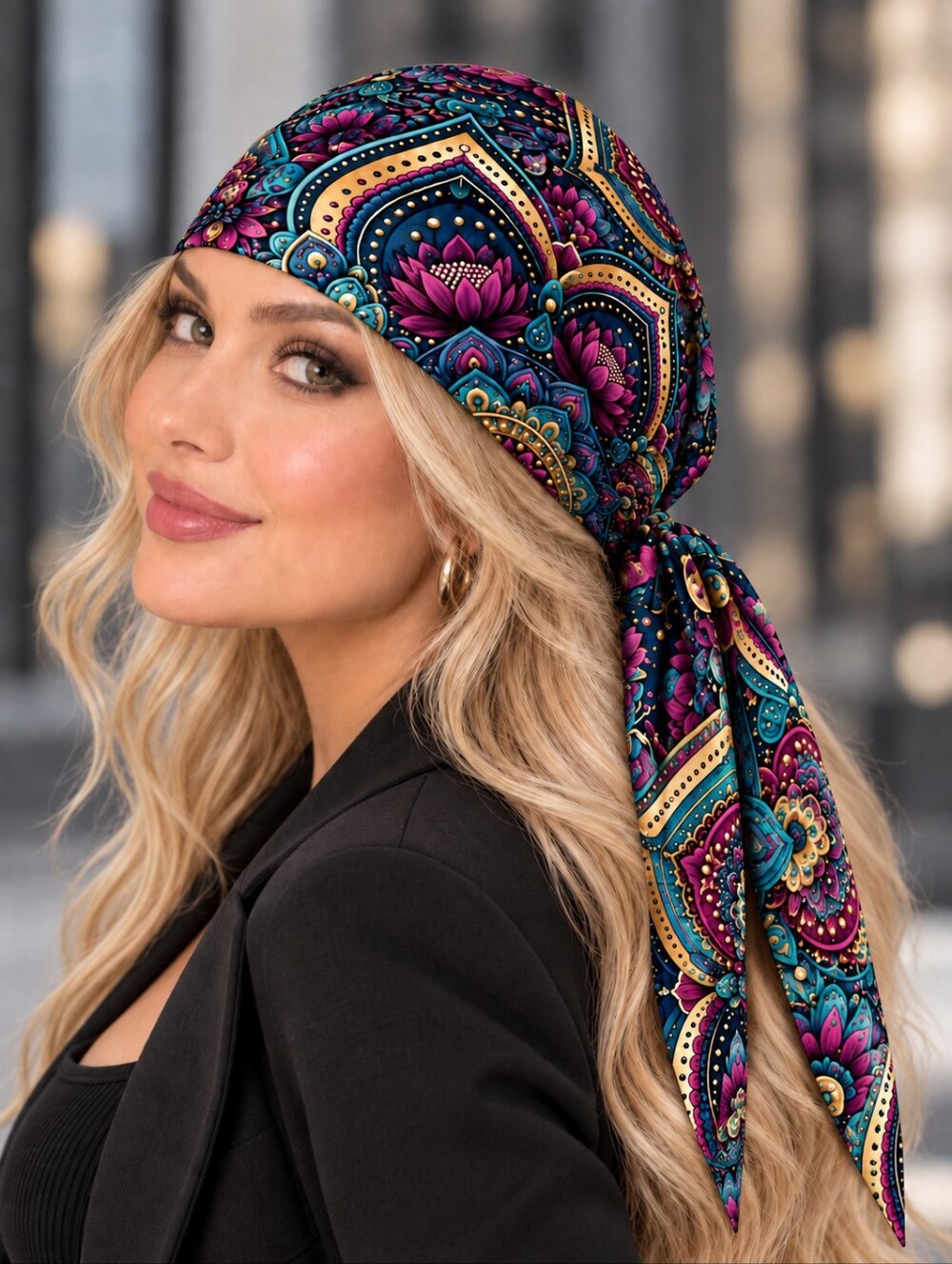 Silk-Feel Floral Mandala and Lotus Print Scarf